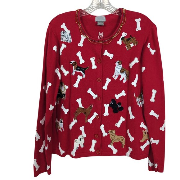 Berek Vintage Red Sweater Cardigan Women’s XL Embroidered Dog and Bone Beaded - Picture 1 of 16